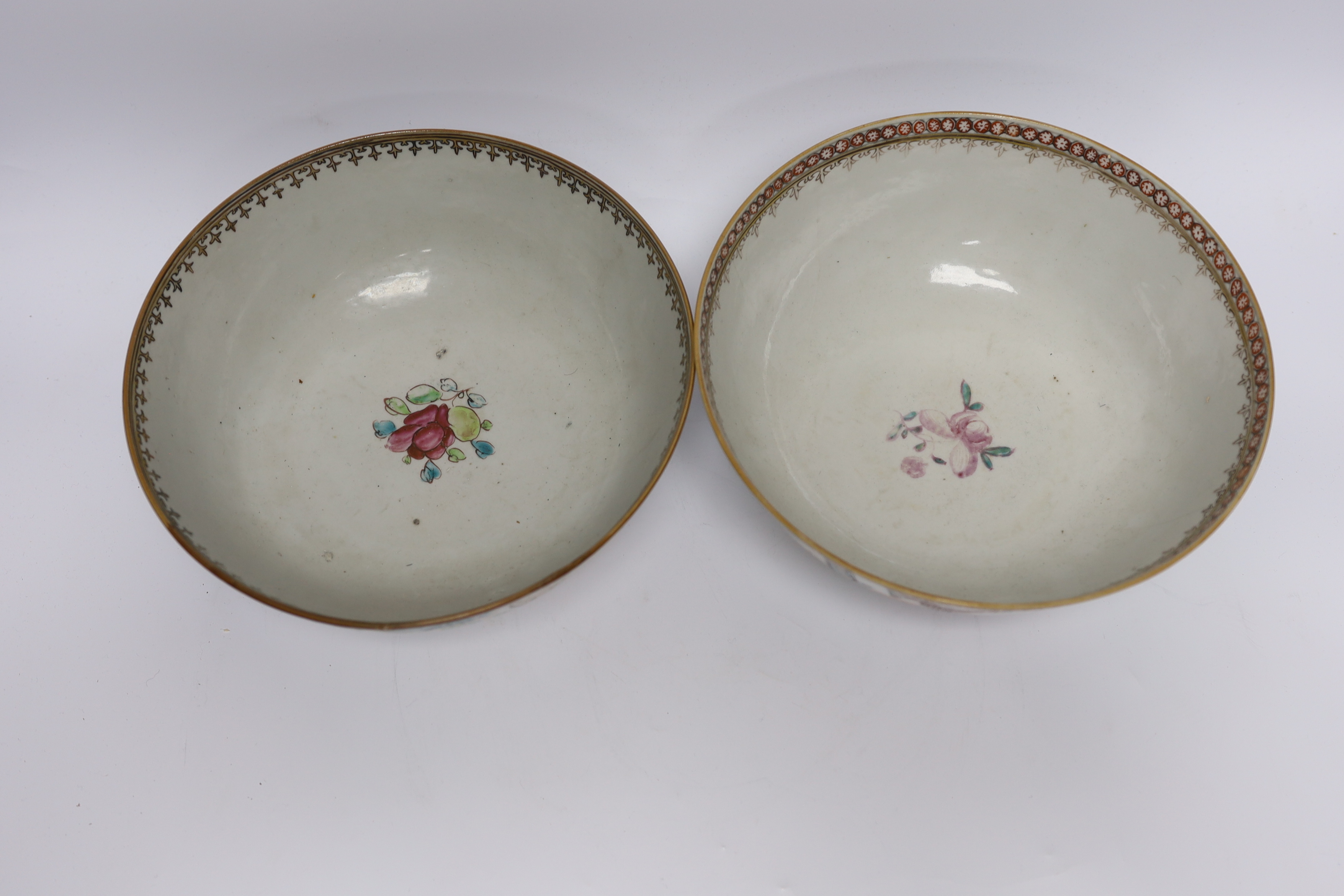 Two 18th century Chinese export famille rose bowls, largest 23cm diameter